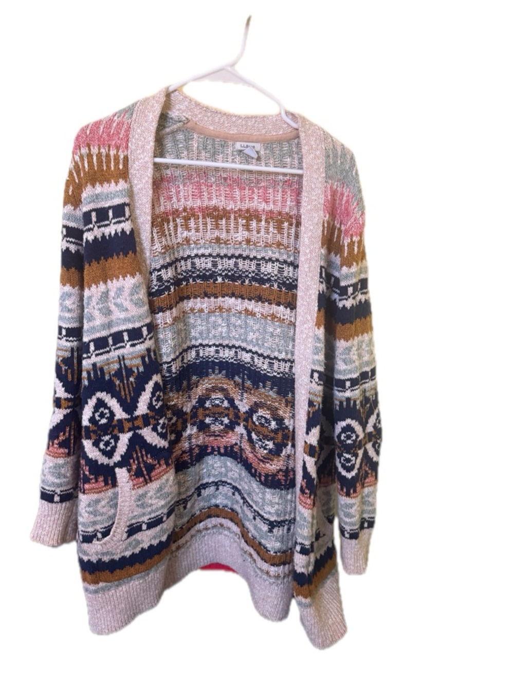 LL Bean Women’s Large Fair Isle Cotton Open Front Cardigan Sweater